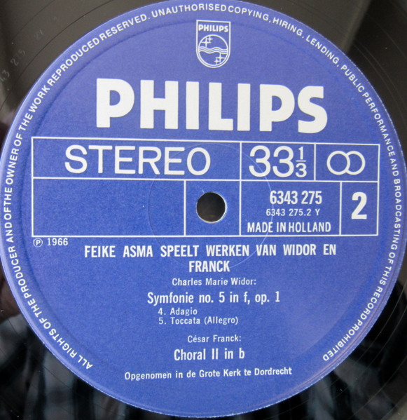 Cover zu Feike Asma / Charles-Marie Widor, César Franck - Feike Asma Speelt Werken Van Widor En Franck | Vinyl, LP, Album | Classical | Netherlands