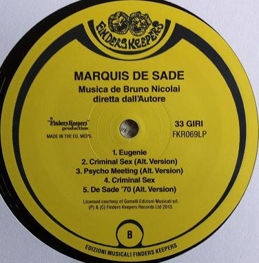 Cover zu Bruno Nicolai - Marquis De Sade's | 2013 | Vinyl, LP, Album, Reissue | Electronic, Jazz, Stage & Screen | Europe