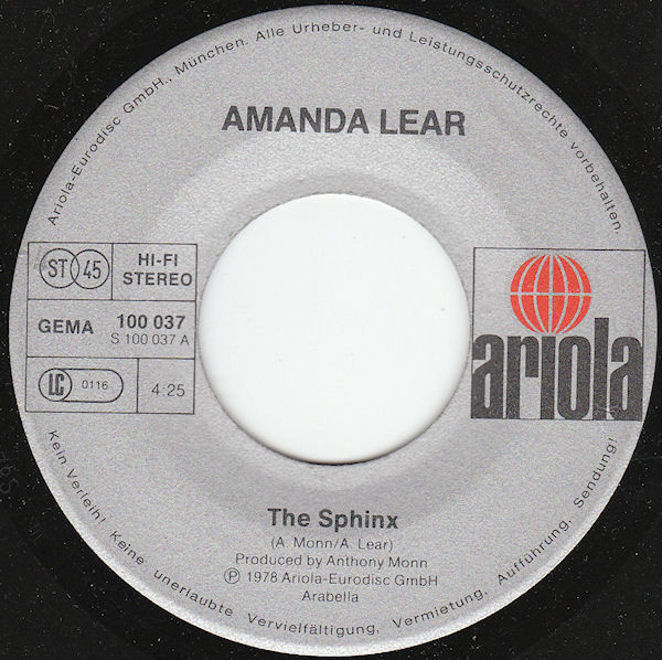 Cover zu Amanda Lear - The Sphinx | 1978 | Vinyl, Stereo, 45 RPM, 7