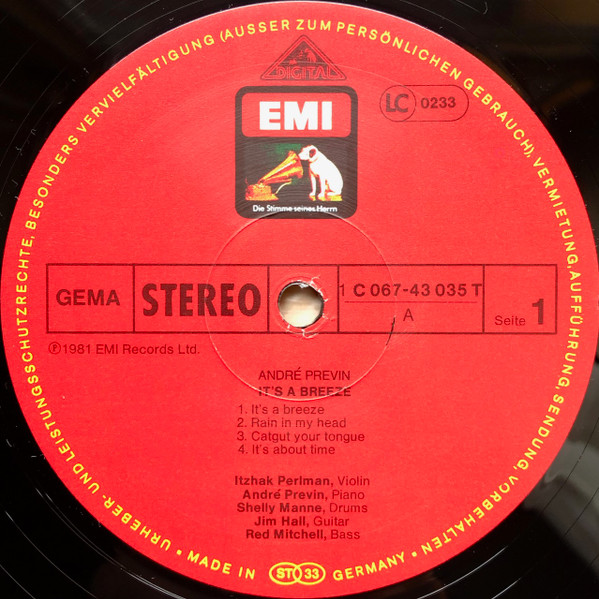 Cover zu Itzhak Perlman, André Previn, Shelly Manne, Jim Hall, Red Mitchell - It's A Breeze | Vinyl, LP, Album, Stereo | Jazz, Classical | Germany