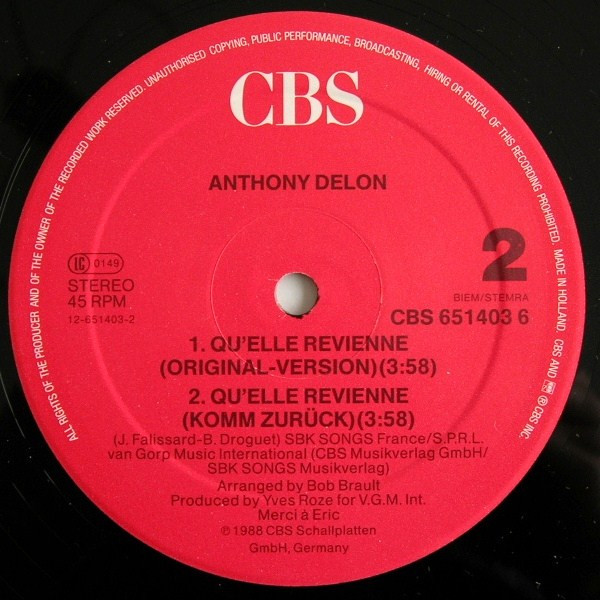 Cover zu Anthony Delon - Qu'Elle Revienne (Komm Zurück) | 1988 | Vinyl, 12