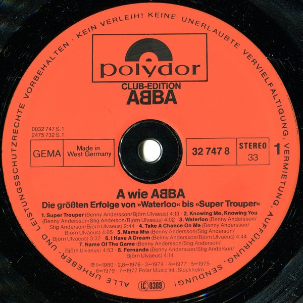 Cover zu ABBA - A Wie ABBA (Die Grössten Erfolge Von »Waterloo« Bis »Super Trouper«) | 1980 | Vinyl, LP, Stereo, Club Edition, Compilation | Pop | Germany