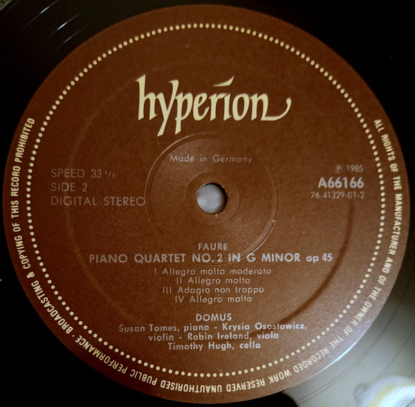Cover zu Gabriel Fauré, Domus Quartett - Piano Quartets (No.1 In C Minor, Op 15 / No.2 In G Minor, Op 45) | 1986 | Vinyl | Classical | UK