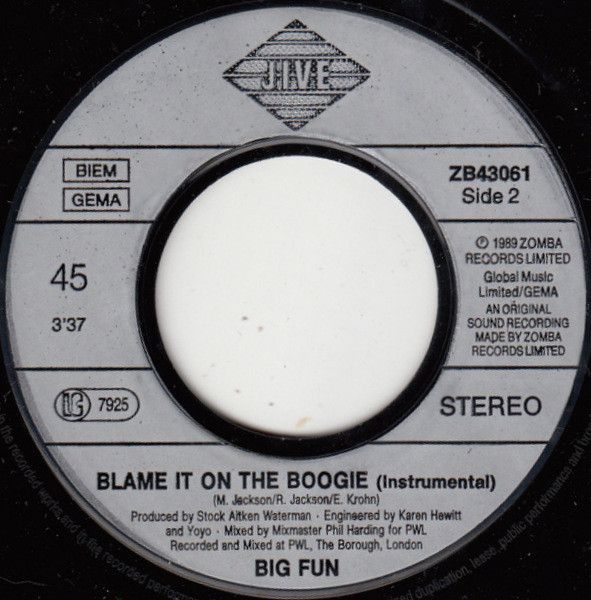Cover zu Big Fun - Blame It On The Boogie | 1989 | Vinyl, Stereo, 45 RPM, 7