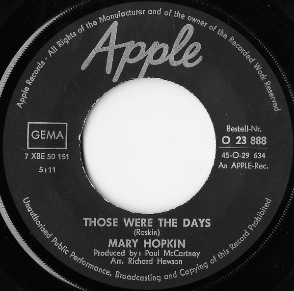 Bild Mary Hopkin – Those Were The Days | 1968 | Vinyl, 45 RPM, 7″, Single | Rock, Pop | Germany Schallplatten Ankauf
