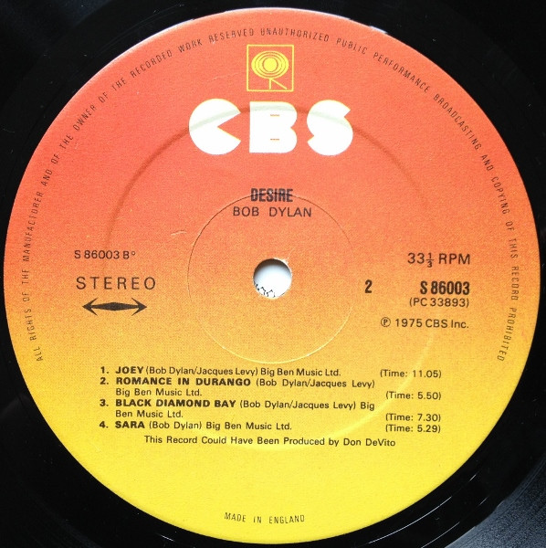 Cover zu Bob Dylan - Desire | 1976 | Vinyl, LP, Album, Stereo | Rock | UK