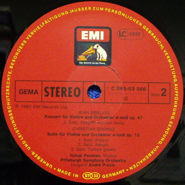 Cover zu Jean Sibelius, Christian Sinding, Itzhak Perlman, André Previn, Pittsburgh Symphony Orchestra - Violinkonzert; Suite Für Violine Und Orchester Op. 10 | 1980 | Vinyl, LP, Stereo | Classical
