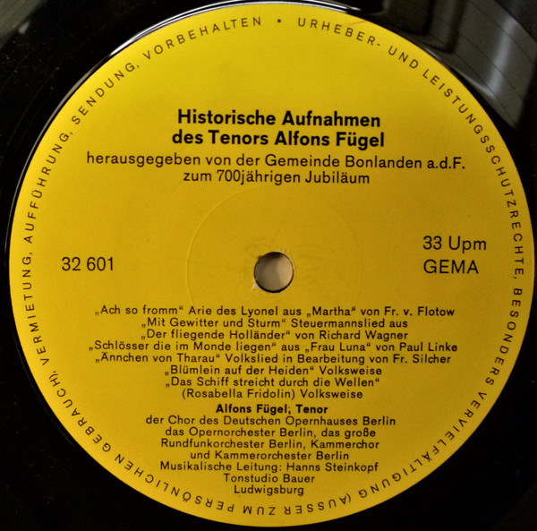 Cover zu Alfons Fügel - Historische Aufnahmen | 1970 | Vinyl, LP | Classical | Germany