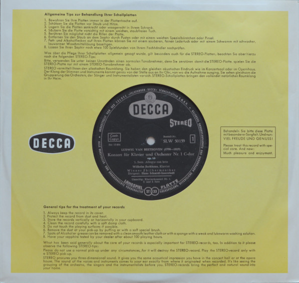 Cover zu Ludwig van Beethoven, Wilhelm Backhaus, Wiener Philharmoniker, Hans Schmidt-Isserstedt - Klavierkonzert Nr. 1 C-dur, Op. 15 | 1959 | Vinyl, LP, Stereo, 10