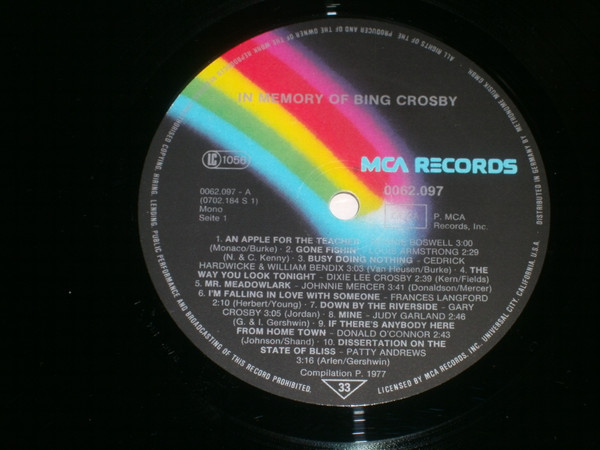 Cover zu Bing Crosby - In Memory Of Bing Crosby | Vinyl, LP, Stereo, Mono, Compilation, Remastered | Jazz, Stage & Screen | Germany