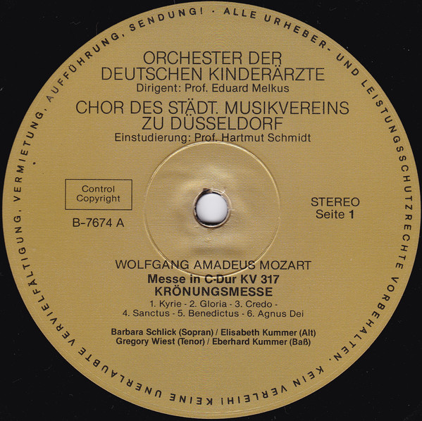 Cover zu Wolfgang Amadeus Mozart, Robert Schumann, Orchester Der Deutschen Kinderärzte , Leitung: Eduard Melkus - Krönungsmesse KV 317 / Symphonie Nr. 4 | 1987 | Vinyl, LP, Stereo | Classical