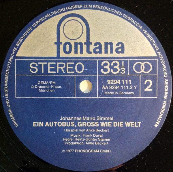 Cover zu Johannes Mario Simmel, Anke Beckert - Ein Autobus, Groß Wie Die Welt | 1977 | Vinyl, LP | Non-Music | Germany