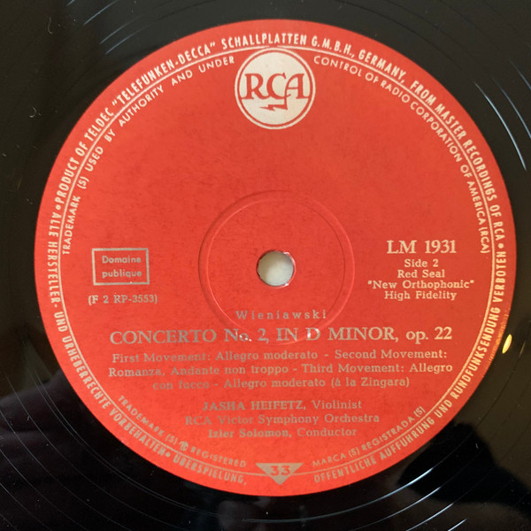 Cover zu Max Bruch, Henryk Wieniawski, Jascha Heifetz And RCA Victor Symphony Orchestra Conducted By Izler Solomon - Violin Concerto No. 2 In D Minor, Op. 44 / Violin Concerto No. 2 In D Minor, Op. 2