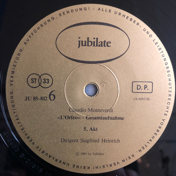 Cover zu Claudio Monteverdi, Siegfried Heinrich - L'Orfeo | 1980 | Vinyl, LP, Stereo | Classical | Germany