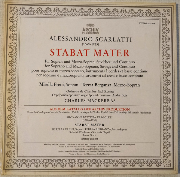 Cover zu Alessandro Scarlatti - Mirella Freni • Teresa Berganza, Orchestre De Chambre Paul Kuentz, Sir Charles Mackerras - Stabat Mater | 1976 | Vinyl, LP, Album, Stereo | Classical | Europe