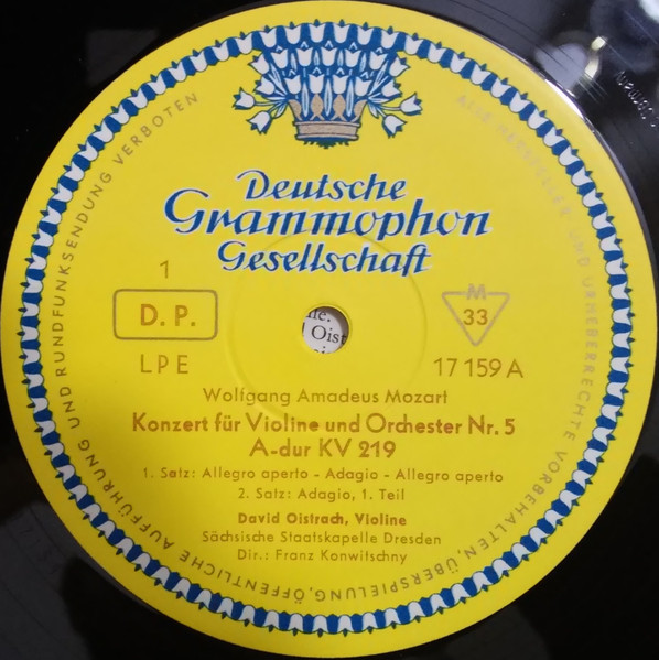 Cover zu Wolfgang Amadeus Mozart ∙ David Oistrach ∙ Staatskapelle Dresden ∙ Franz Konwitschny - Violinkonzert A-dur KV 219 | 1962 | Vinyl, LP, Mono, Reissue, 10