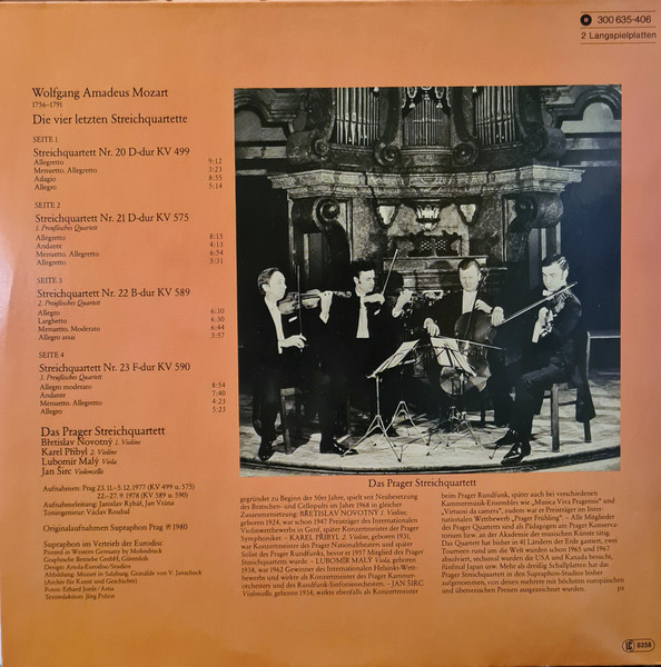 Cover zu Wolfgang Amadeus Mozart, Prague String Quartet - Die Vier Letzten Streichquartette KV 499 • 575 • 589 • 590 | 1980 | Vinyl, LP, Stereo | Classical | Germany, Austria, & Switzerland