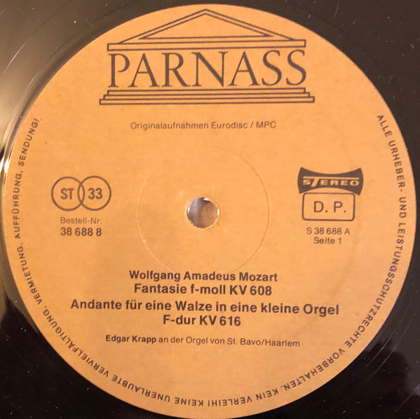 Cover zu Wolfgang Amadeus Mozart, Johann Sebastian Bach - Edgar Krapp - Fantasie F-Moll / Minor KV 608 / Adagio Und Allegro F-Moll / Minor KV 594 / Andante F-Dur / Major KV 616 / Pastorale F-Dur / Ma