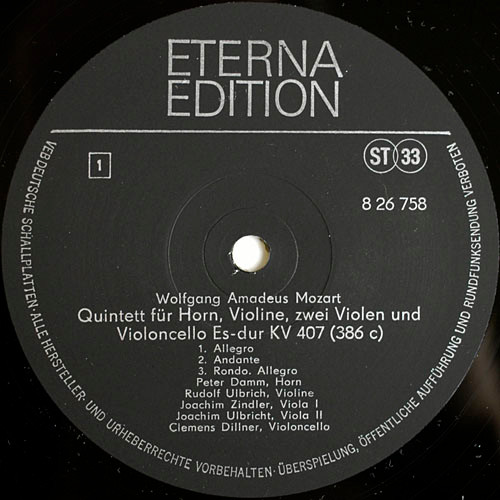 Cover zu Wolfgang Amadeus Mozart, Peter Damm, Kurt Mahn, Ulbrich-Quartett - Hornquintett Es-dur KV 407 / Oboenquartett F-dur KV 370 | Vinyl, LP, Stereo | Classical | German Democratic Republic (GDR)