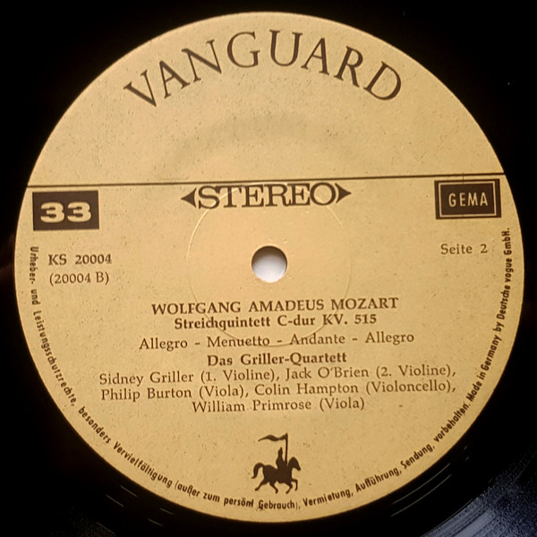 Cover zu Wolfgang Amadeus Mozart, The Griller String Quartet Und William Primrose - Streichquintett G-Moll KV 516, Streichquintett C-Dur KV 515 | Vinyl, LP, Stereo, Reissue | Classical | Germany