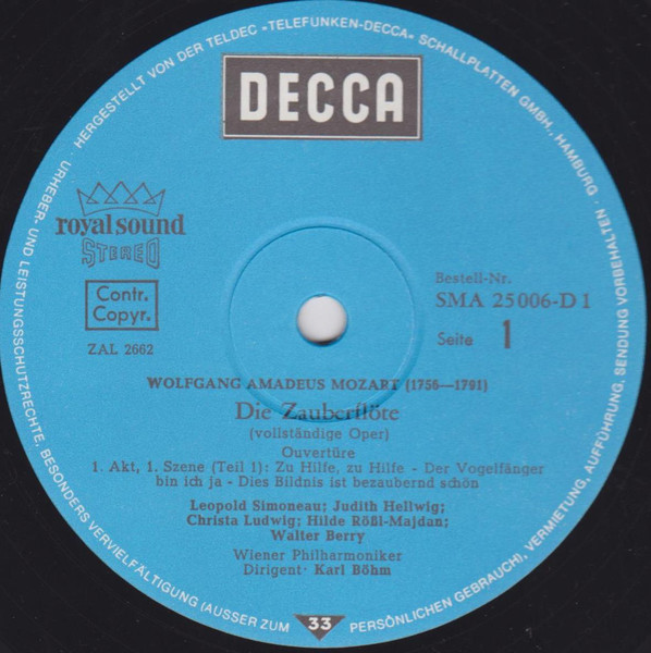 Cover zu Wolfgang Amadeus Mozart, Hilde Güden, Leopold Simoneau, Wilma Lipp, Kurt Böhme, Wiener Philharmoniker, Karl Böhm - Die Zauberflöte | Vinyl, LP, Album, Stereo | Classical | Germany