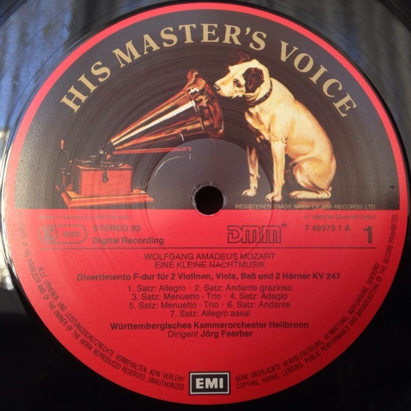 Cover zu Wolfgang Amadeus Mozart / Württembergisches Kammerorchester / Jörg Faerber - Eine Kleine Nachtmusik - Divertimento F-Dur KV 247 - Cassation G-Dur KV 63 | 1988 | Vinyl, LP, Album | Classical