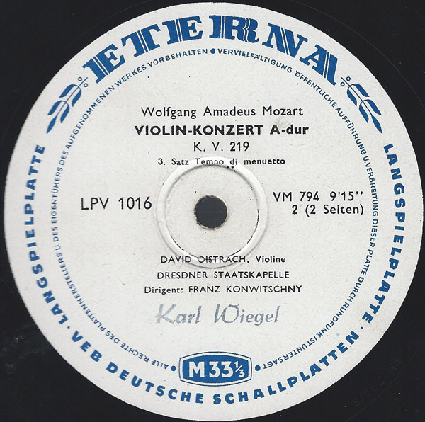 Cover zu Wolfgang Amadeus Mozart - David Oistrach, Staatskapelle Dresden, Franz Konwitschny - Konzert Für Violine Und Orchester, A-dur (KV. 219) | 1955 | Vinyl, LP, Mono | Classical