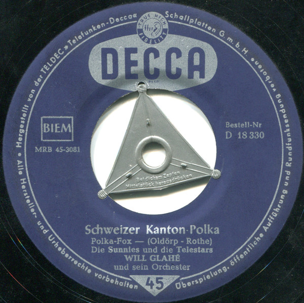 Bild Will Glahé Und Sein Orchester, Die Sunnies Und Die Telestars – Schweizer Kanton-Polka / Liechtensteiner Polka | 1957 | Vinyl, 45 RPM, 7″, Single | Pop | Germany Schallplatten Ankauf