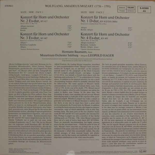 Cover zu Wolfgang Amadeus Mozart, Hermann Baumann, Das Mozarteum Orchester Salzburg · Leopold Hager - Die Vier Hornkonzerte = The Four Horn Concertos = Les Quatre Concertos Pour Cor | Classical
