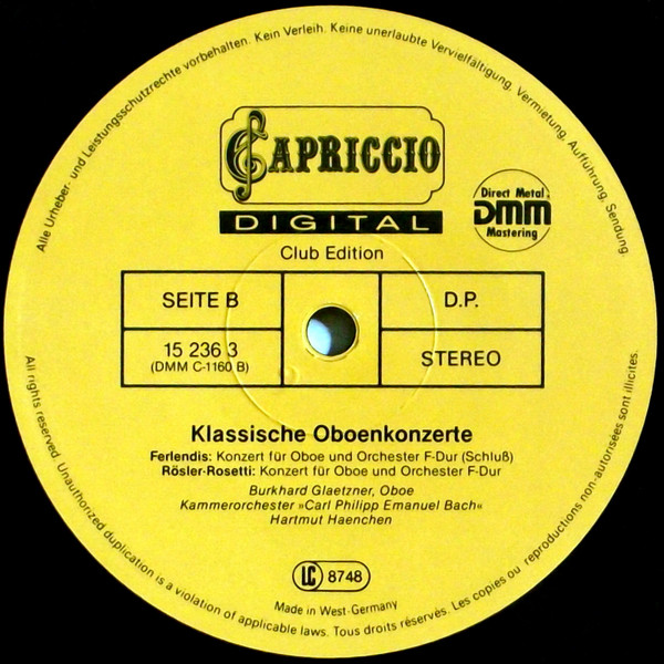 Cover zu Wolfgang Amadeus Mozart, Giuseppe Ferlendis, Antonio Rosetti, Burkhard Glaetzner, Kammerorchester Carl Philipp Emanuel Bach, Hartmut Haenchen - Klassische Oboen-Konzerte | 1988 | Classical