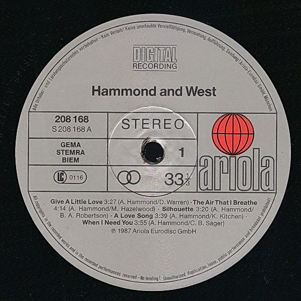 Cover zu Albert Hammond And Albert West - Hammond And West | 1987 | Vinyl, LP, Album | Rock, Pop | Germany