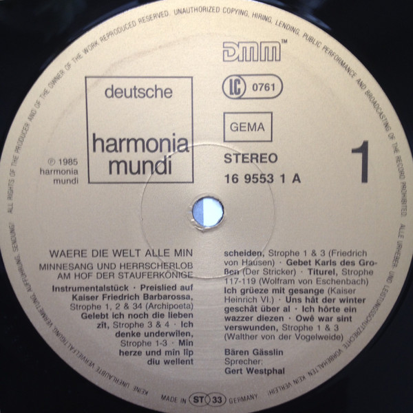 Cover zu Bären Gässlin, Gert Westphal - Waere Die Welt Alle Min - Minnelied Und Herrscherlob Am Hof Der Stauferkönige | 1986 | Vinyl, LP | Classical, Folk, World, & Country | Germany