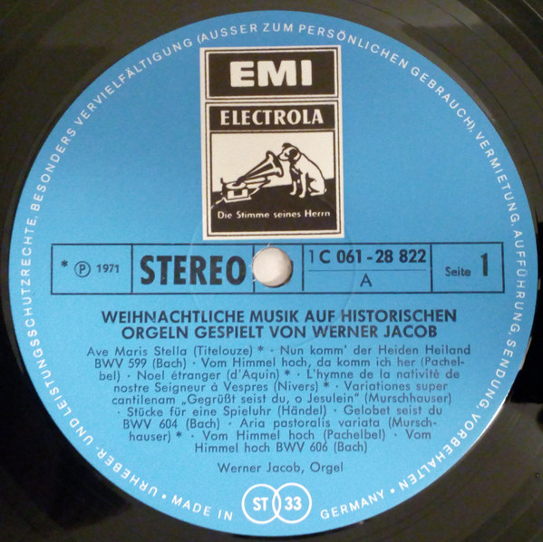 Cover zu Werner Jacob - Weihnachtliche Musik Auf Historischen Orgeln | Vinyl, LP | Classical | Germany