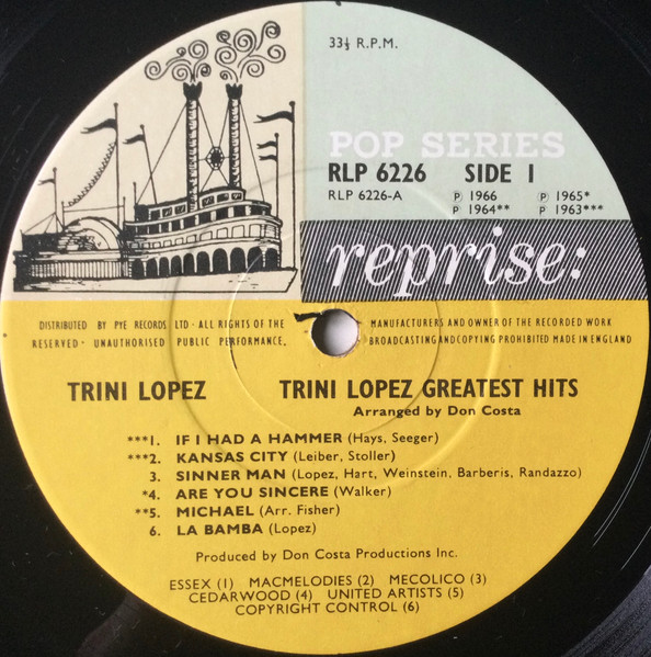 Cover zu Trini Lopez - Trini Lopez - Greatest Hits ! | Vinyl, LP, Mono, Compilation | Rock, Latin, Funk / Soul, Pop | UK
