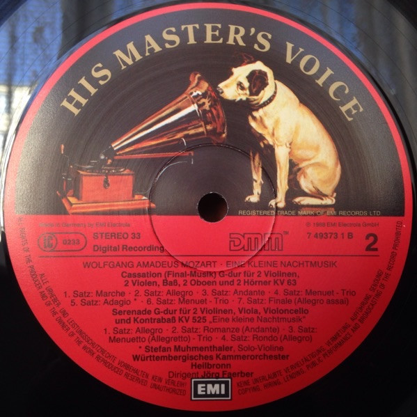 Cover zu Wolfgang Amadeus Mozart / Württembergisches Kammerorchester / Jörg Faerber - Eine Kleine Nachtmusik - Divertimento F-Dur KV 247 - Cassation G-Dur KV 63 | 1988 | Vinyl, LP, Album | Classical