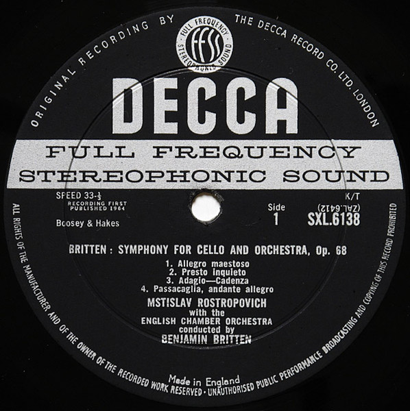 Cover zu Benjamin Britten / Mstislav Rostropovich, Joseph Haydn, English Chamber Orchestra - Cello Symphony Op. 68 / Cello Concerto In C | 1964 | Vinyl, LP, Stereo | Classical | UK