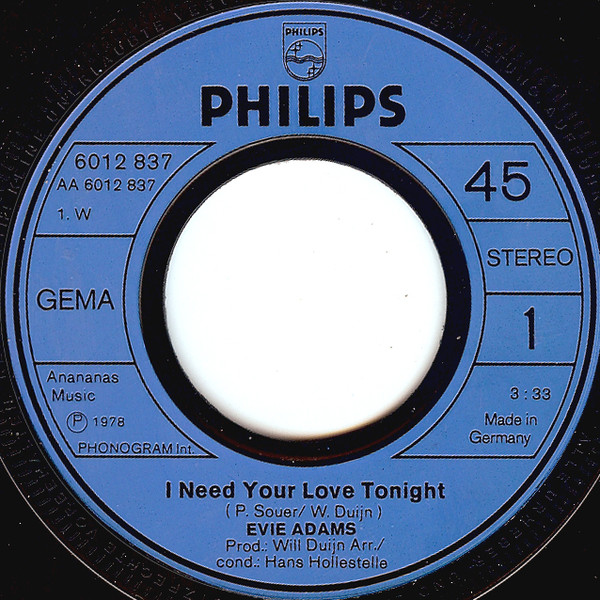 Cover zu Evie Adams - I Need Your Love Tonight | 1978 | Vinyl, Stereo, 45 RPM, 7