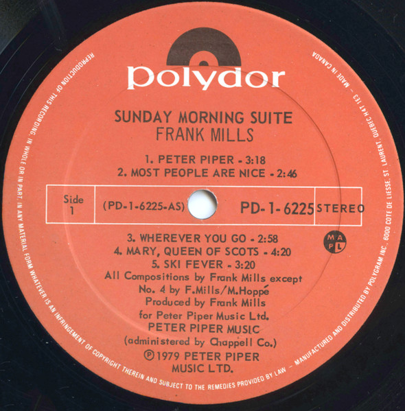 Cover zu Frank Mills - Sunday Morning Suite | 1979 | Vinyl, LP, Album | Electronic, Jazz, Pop | Canada