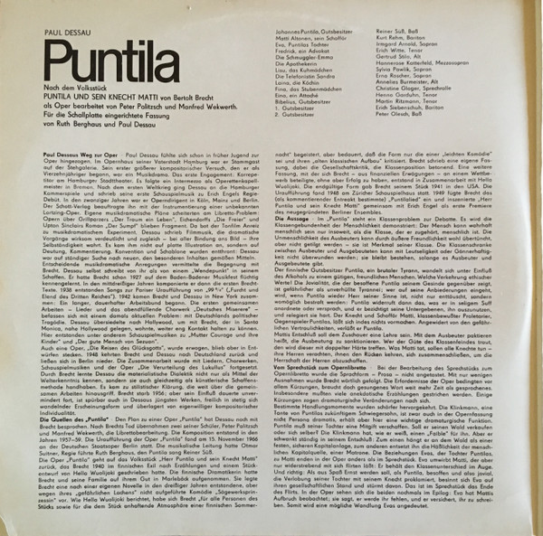 Cover zu Paul Dessau, Bertolt Brecht, Reiner Süß, Kurt Rehm, Irmgard Arnold, Staatskapelle Berlin, Paul Dessau - Puntila | Vinyl, LP, Album, Stereo, Reissue | Classical