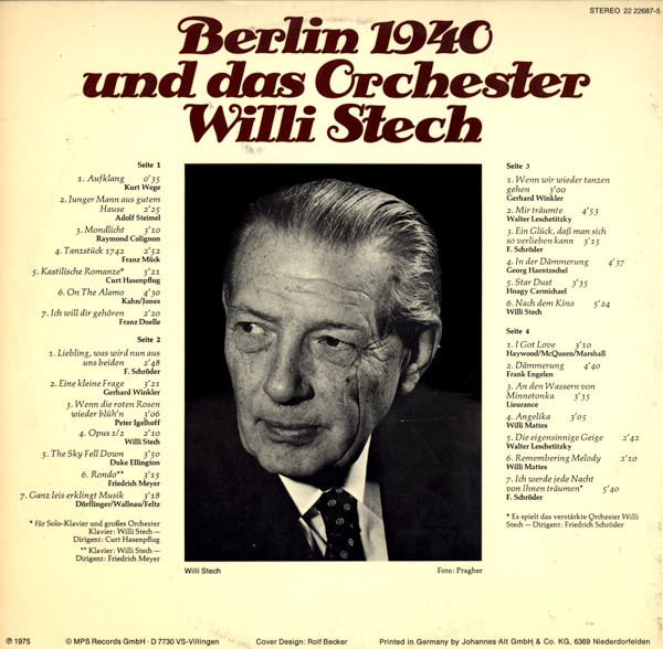 Cover zu Orchester Willi Stech - Berlin 1940 Und Das Orchester Willi Stech | 1975 | Vinyl, LP, Album, Mono | Jazz, Pop, Stage & Screen | Germany