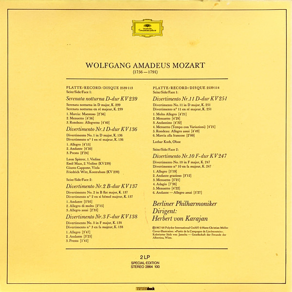 Cover zu Wolfgang Amadeus Mozart - Herbert Von Karajan And Berliner Philharmoniker - Divertimenti & Serenaden | Vinyl, LP, Special Edition, Compilation | Classical | Switzerland