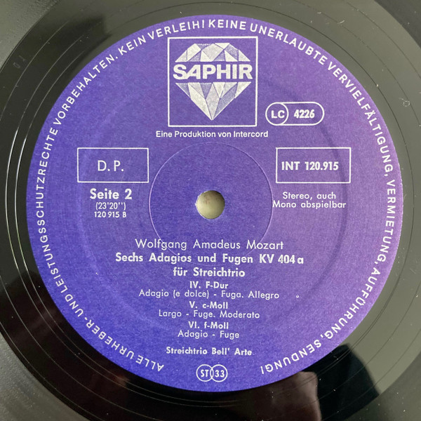 Cover zu Wolfgang Amadeus Mozart, Trio Bell'Arte - Sechs Adagios Und Fugen KV 404a | 1979 | Vinyl, LP, Stereo | Classical | Germany