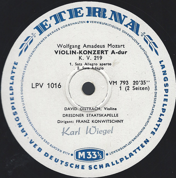 Cover zu Wolfgang Amadeus Mozart - David Oistrach, Staatskapelle Dresden, Franz Konwitschny - Konzert Für Violine Und Orchester, A-dur (KV. 219) | 1955 | Vinyl, LP, Mono | Classical