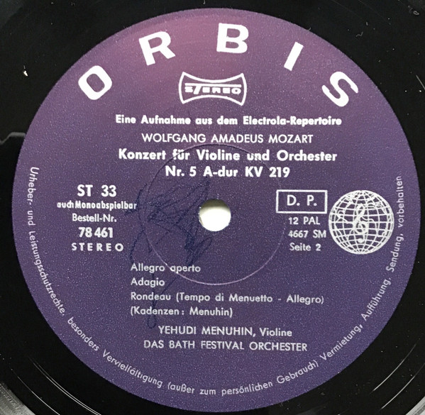 Cover zu Wolfgang Amadeus Mozart - Yehudi Menuhin - Violinkonzerte (D-Dur KV 218 / A-Dur KV 219) | Vinyl, LP, Stereo, Compilation | Classical | Germany