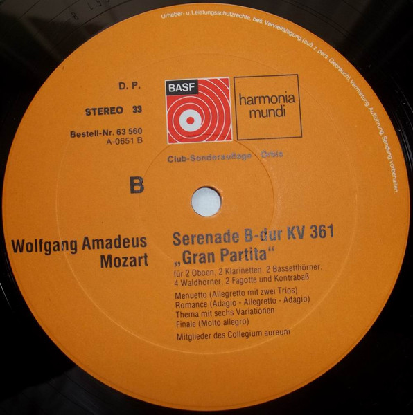 Cover zu Wolfgang Amadeus Mozart, Collegium Aureum - Serenade B-Dur KV 361 'Gran Partita' | 1975 | Vinyl, LP, Reissue, Club Edition | Classical | Germany