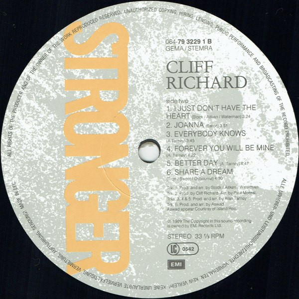 Cover zu Cliff Richard - Stronger | 1989 | Vinyl, LP, Album, Stereo, Misprint | Pop | Europe