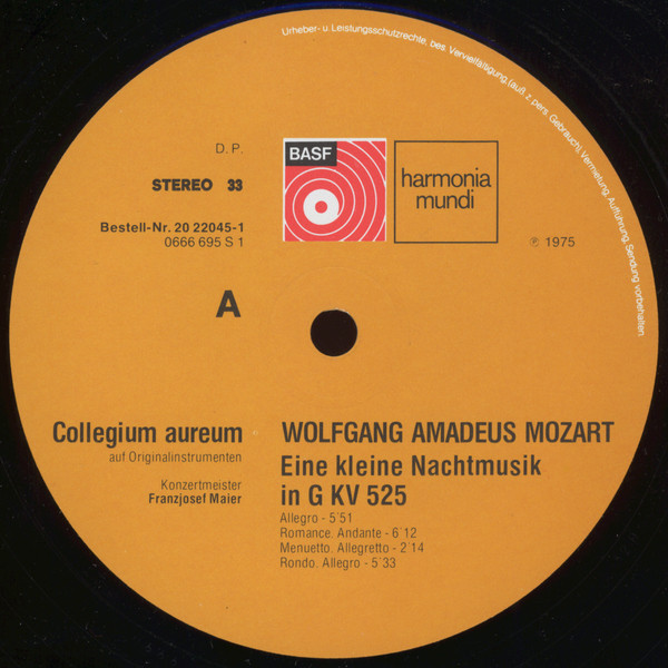 Cover zu Wolfgang Amadeus Mozart, Collegium Aureum, Franzjosef Maier - Eine Kleine Nachtmusik In G, KV 525 / Divertimento D-dur KV 205 | 1975 | Vinyl, LP, Stereo | Classical | Germany