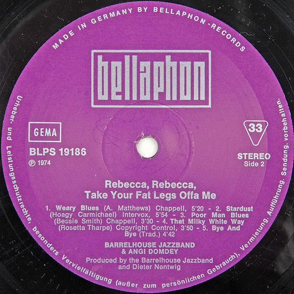 Cover zu Barrelhouse Jazzband & Angi Domdey - Rebecca, Rebecca, Take Your Fat Legs Offa Me | 1974 | Vinyl, LP, Album | Jazz, Funk / Soul, Blues | Germany