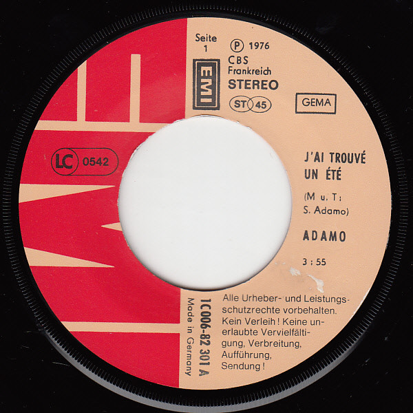 Cover zu Adamo - J'ai Trouvé Un Été | 1976 | Vinyl, 45 RPM, 7