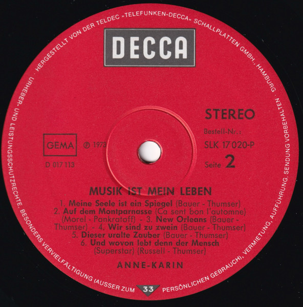 Cover zu Anne Karin - Musik Ist Mein Leben | 1973 | Vinyl, LP, Album, Stereo | Pop | Germany